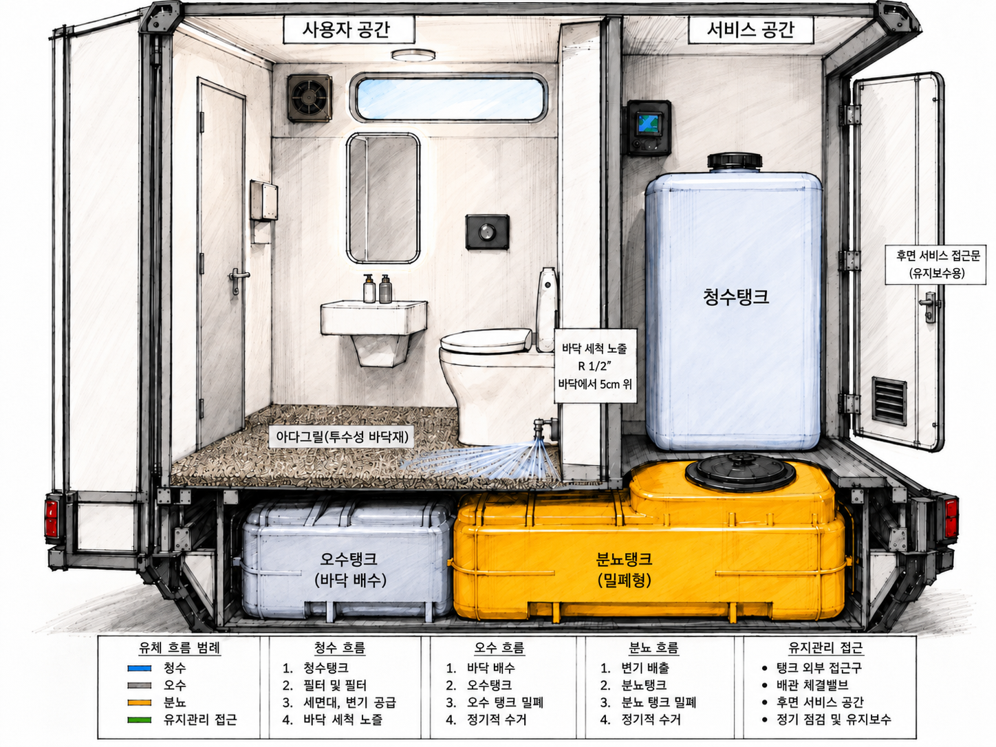 Sani-Booth 사용자 공간과 후면 점검부 분리 구조